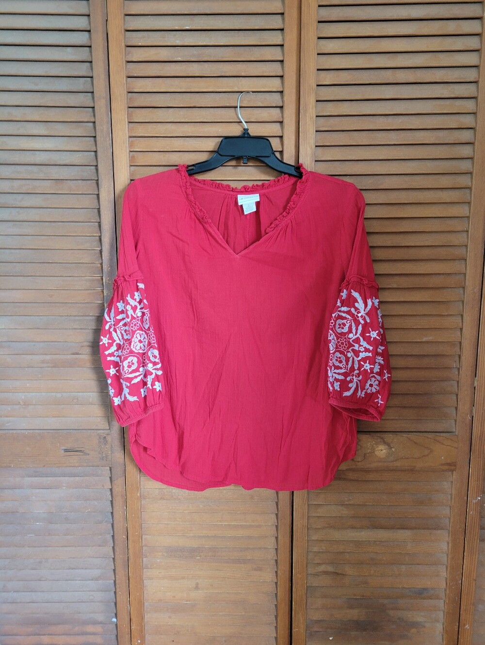 Liz Claiborne Red Embroidered Sleeve Peasant Blouse